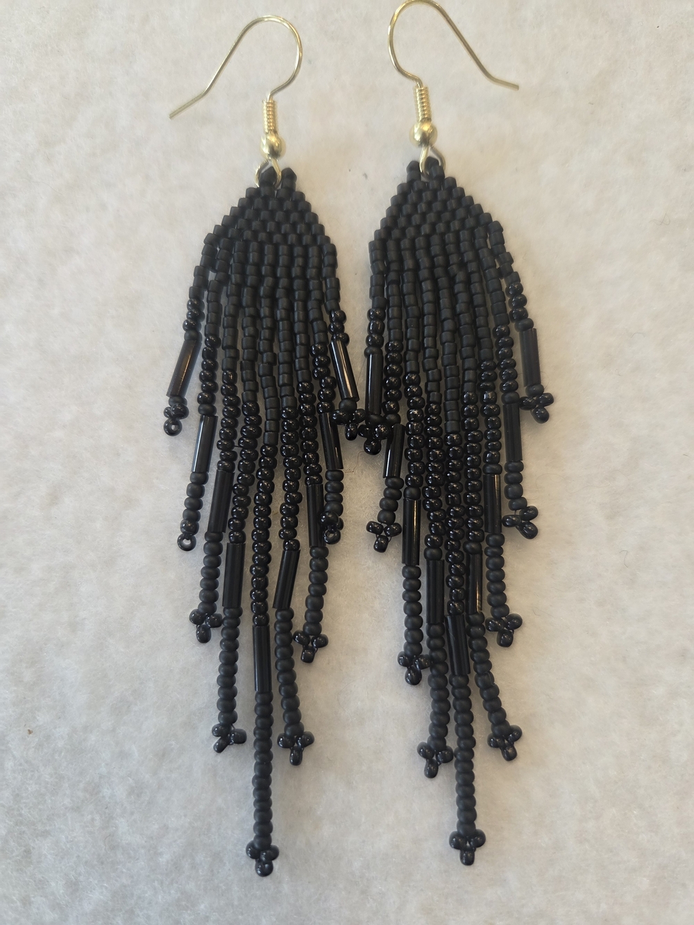Black Beaded Fringe Drop Earrings with Gold Hooks